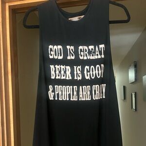 Black Graphic Muscle Tank - "God Is Great, Beer Is Good and People are crazy”